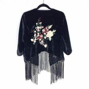 Black Velvet Kimono with Fringe